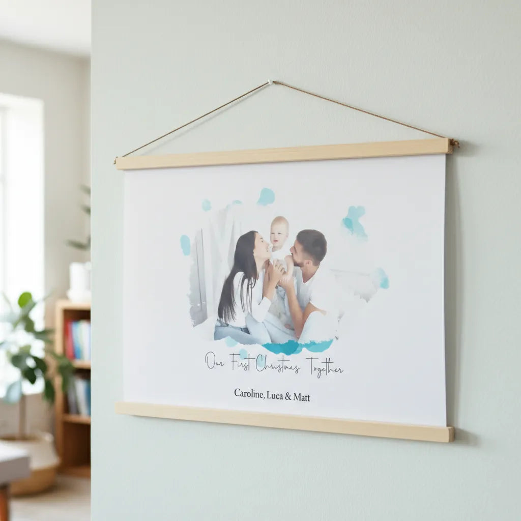 Personalized watercolor canvas wall hang with custom photo and text for artistic home decor