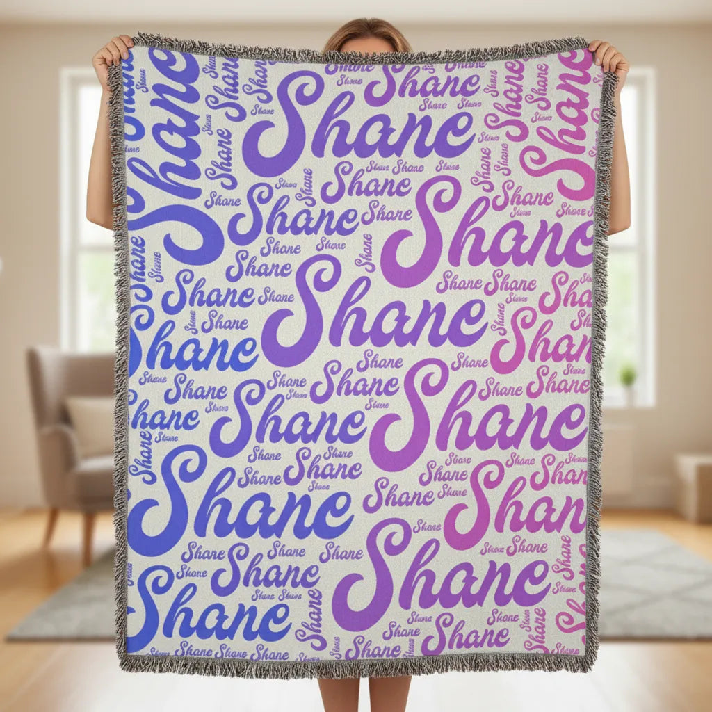 Personalized woven blanket with custom name in word cloud design for meaningful home decor