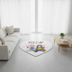 Personalized heart-shaped rug with You and Me and the Dogs design for dog-loving couples