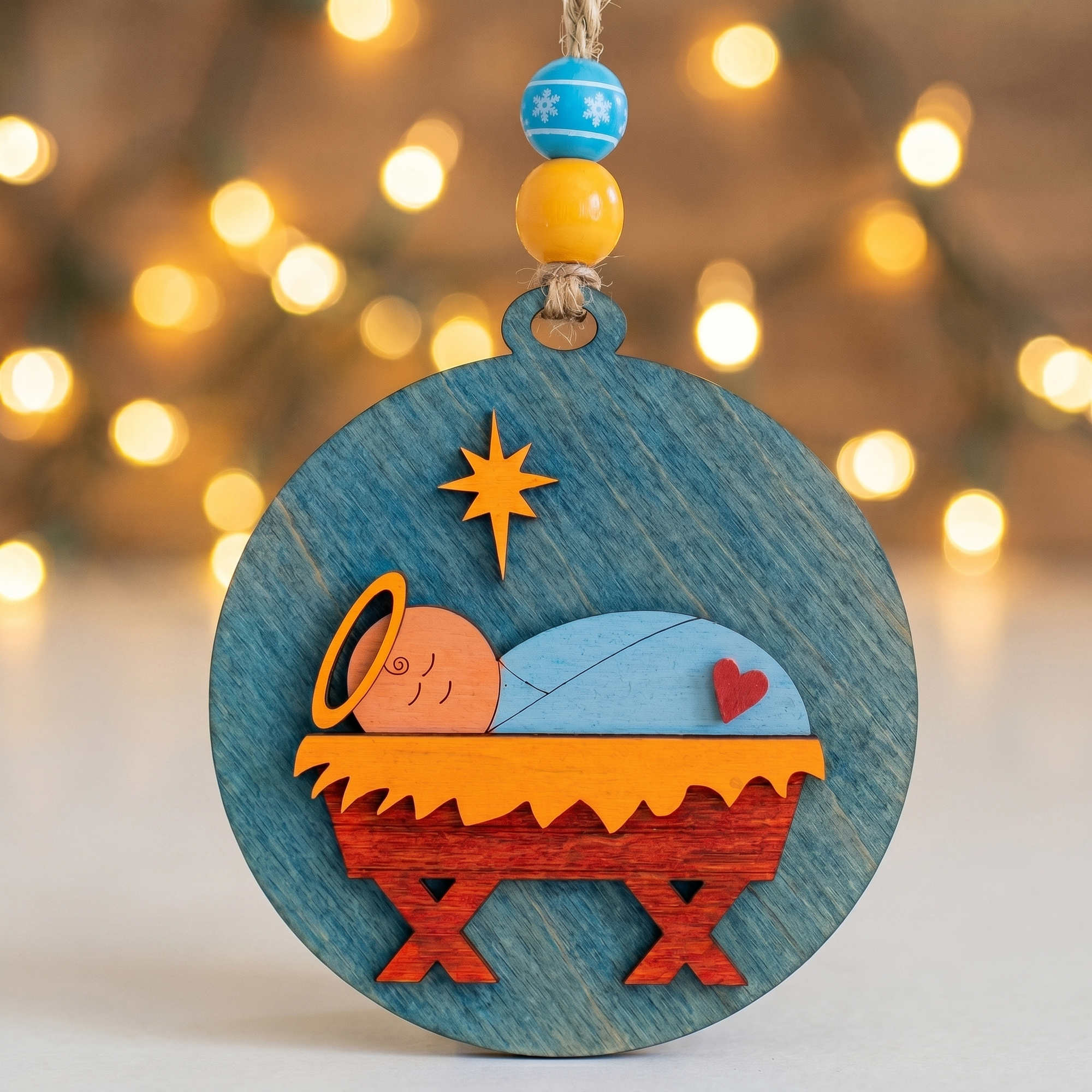 Baby Jesus wooden Christmas ornament with warm golden Christmas light bokeh