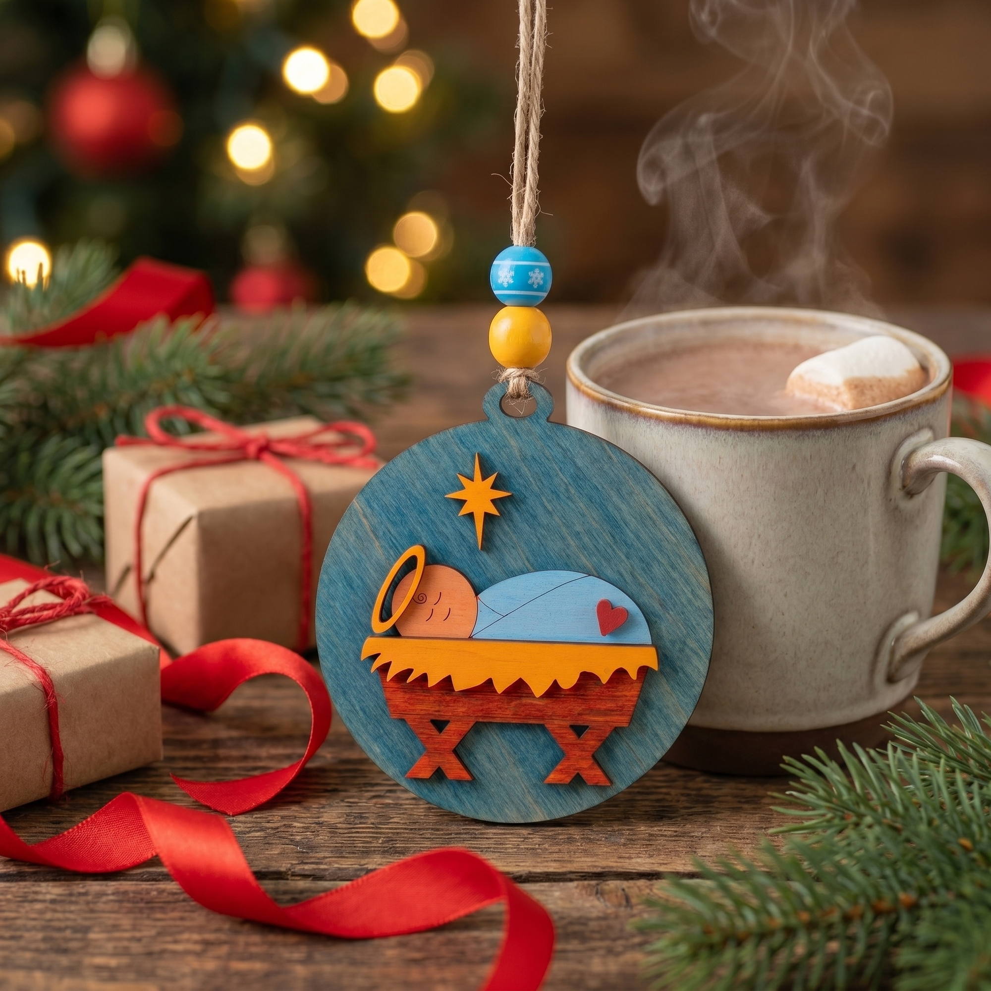 Baby Jesus wooden Christmas ornament on a rustic wood table with cocoa and wrapped gifts