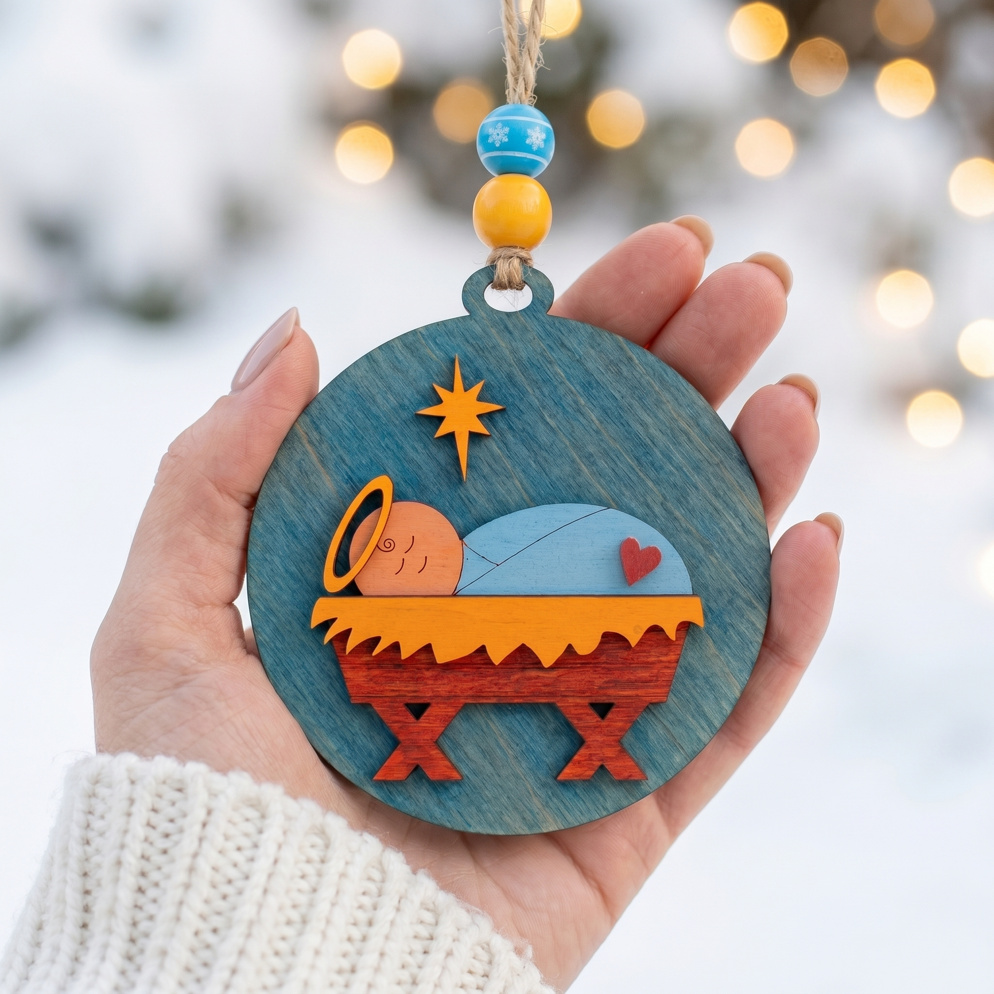 Baby Jesus wooden Christmas ornament held in hand with a snowy Christmas background