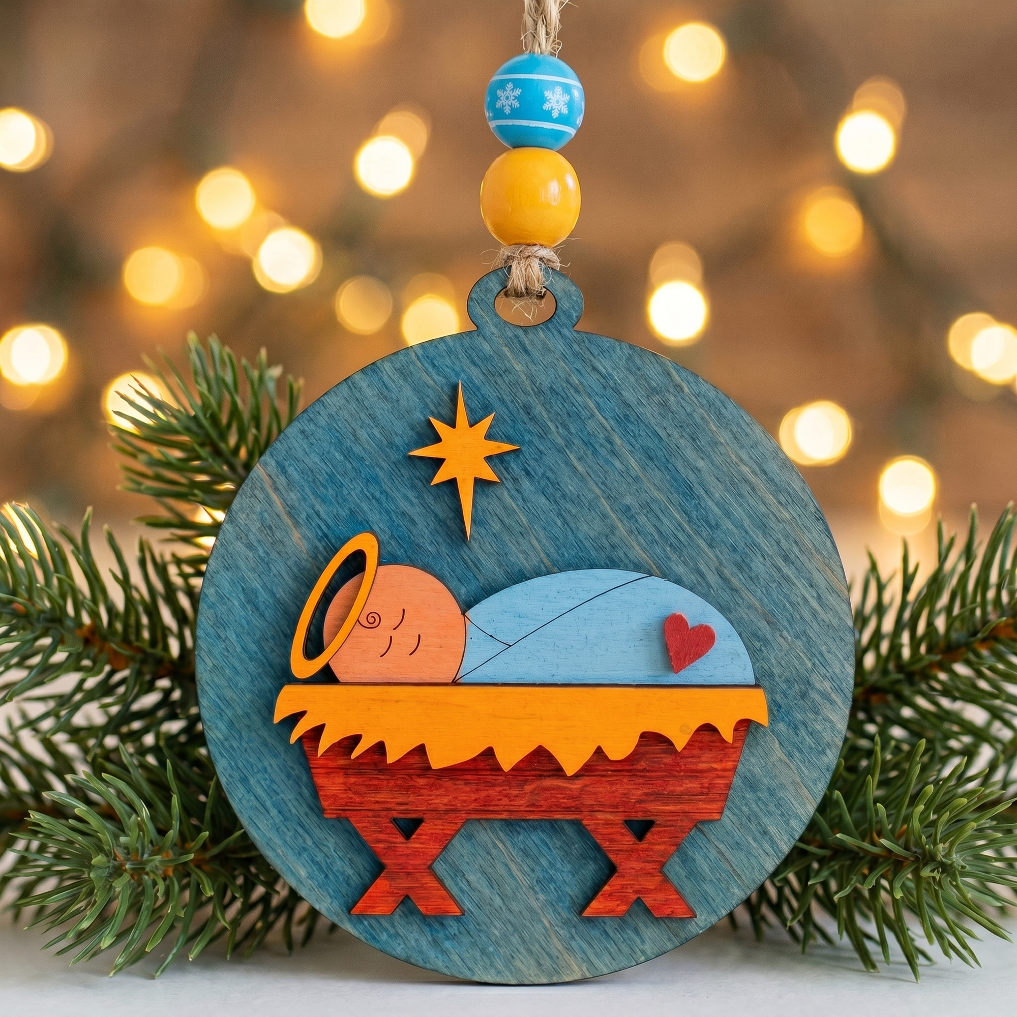 Baby Jesus wooden Christmas ornament hanging on a pine Christmas tree branch