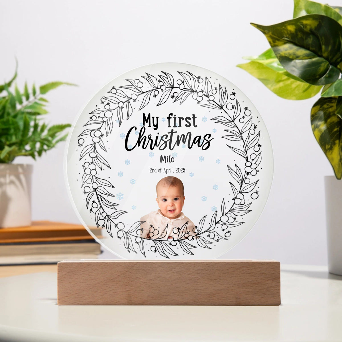 Personalized My First Christmas circle acrylic plaque for baby's first holiday memory