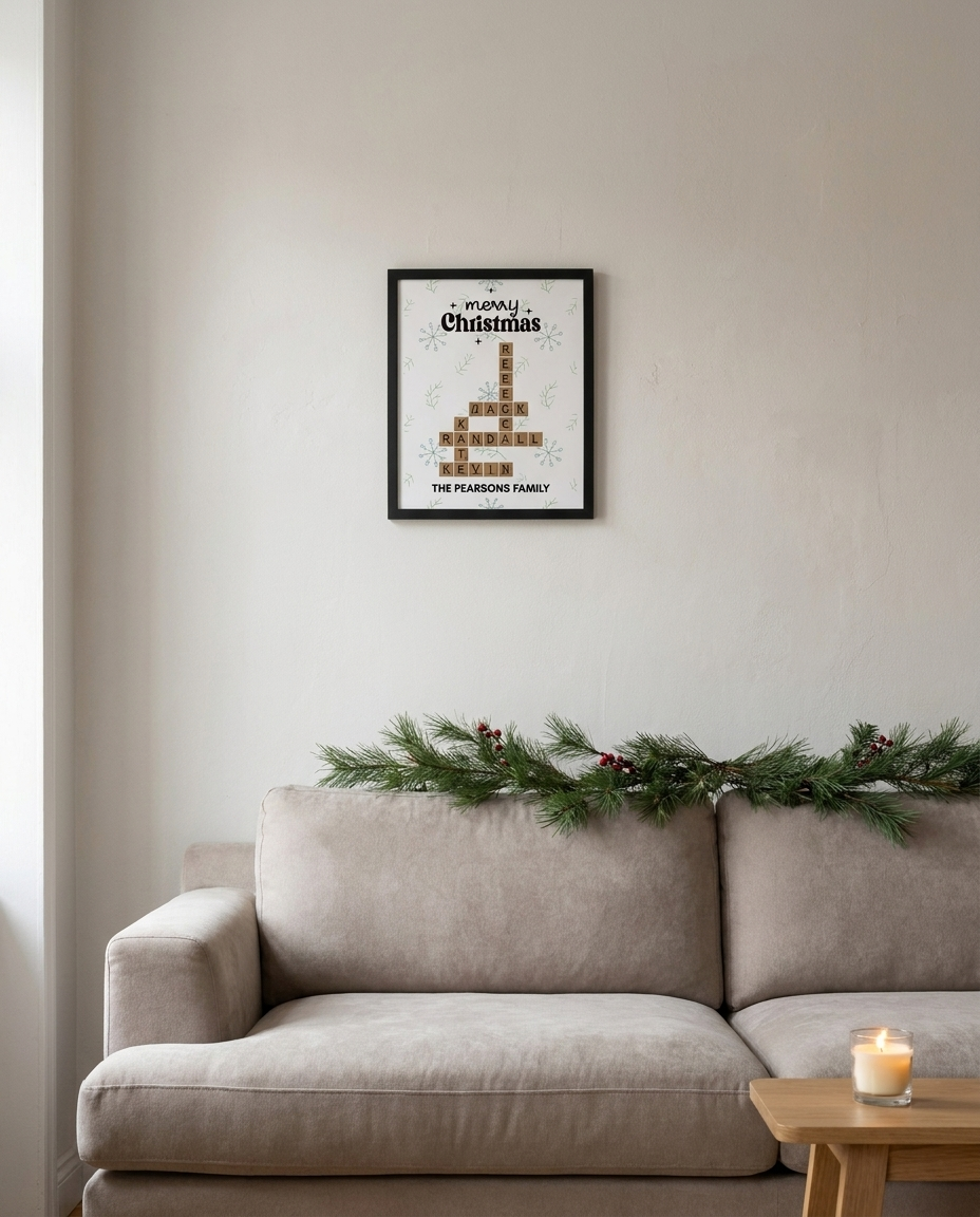Christmas family crossword framed poster on living room wall