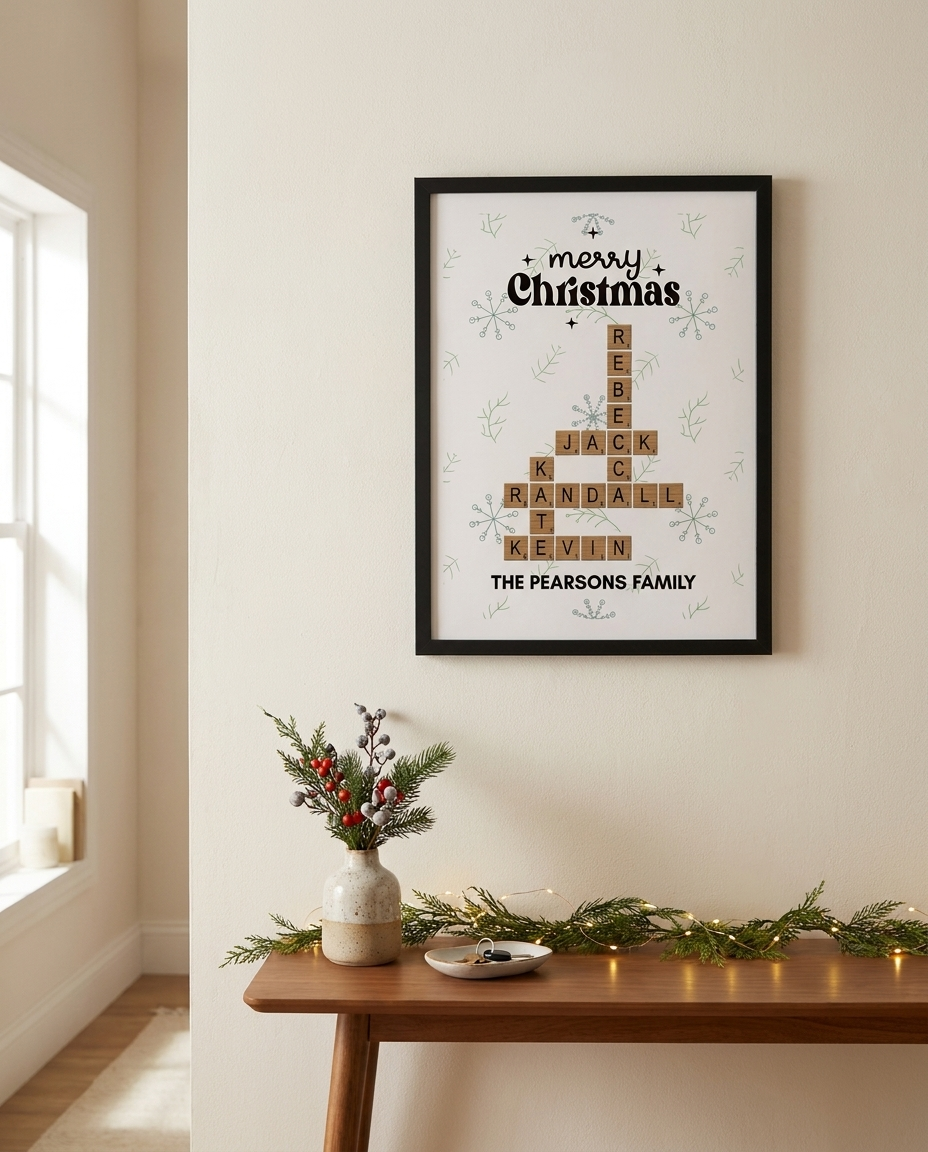 Christmas family crossword framed poster in entryway