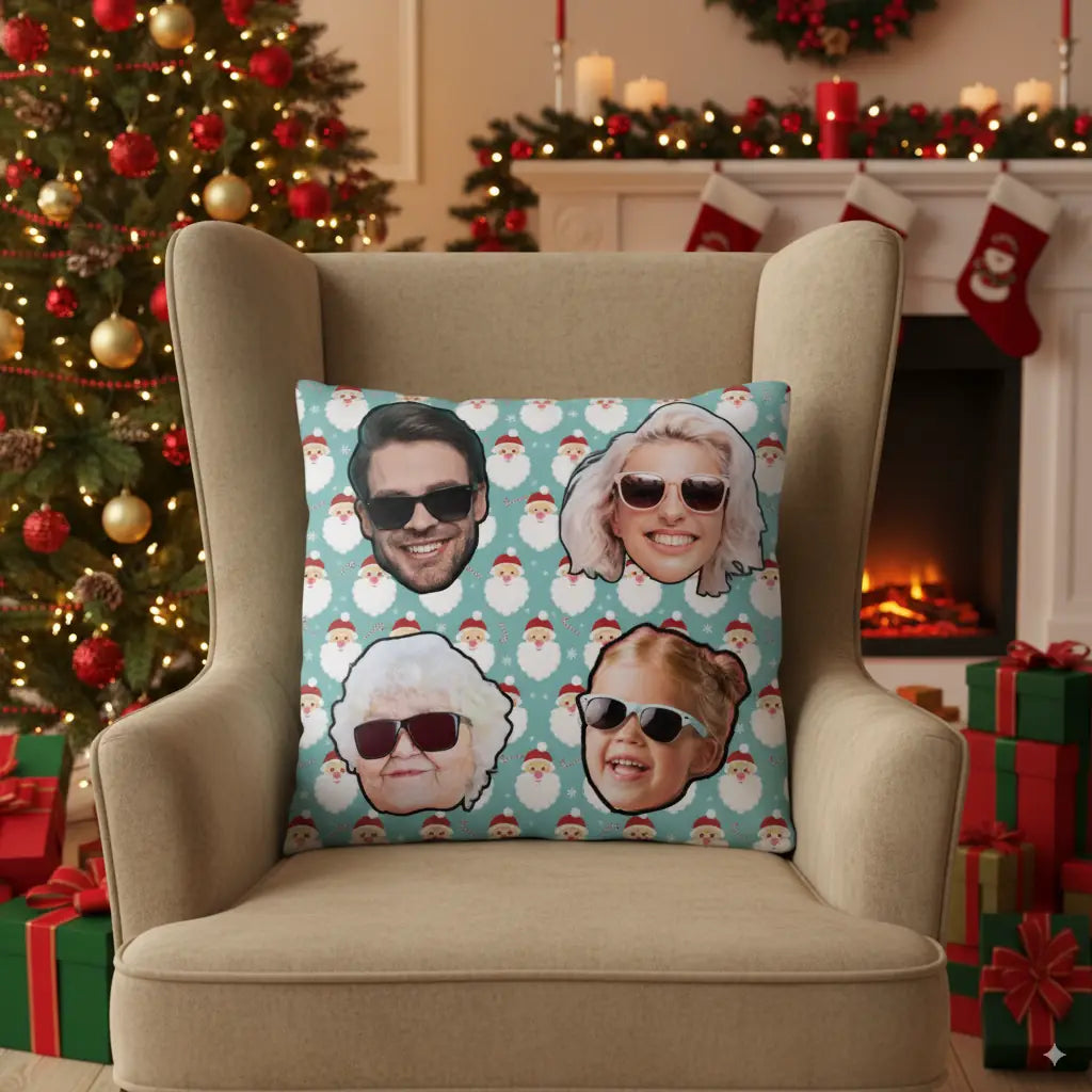 Personalized 12x12 Christmas pillow with custom family photos for cozy holiday decor