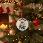 Together Since couples ceramic Christmas ornament hanging on a pine branch with golden Christmas lights