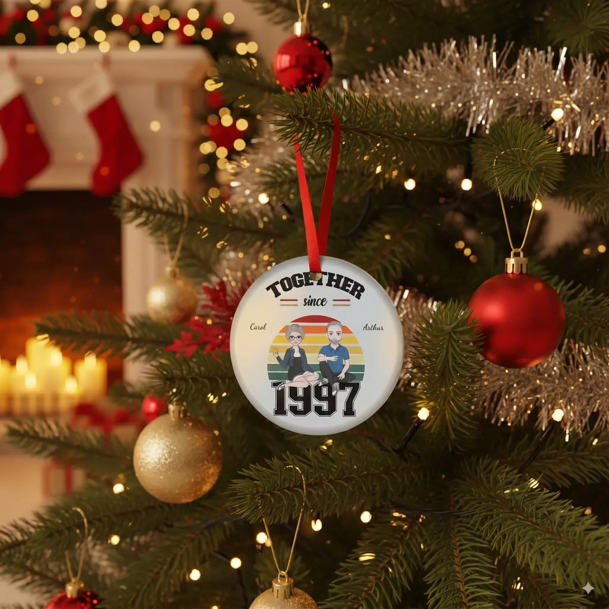 Together Since couples ceramic Christmas ornament hanging on a pine branch with golden Christmas lights