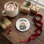 Personalized Together Since ceramic Christmas ornament on a rustic wood table with cocoa