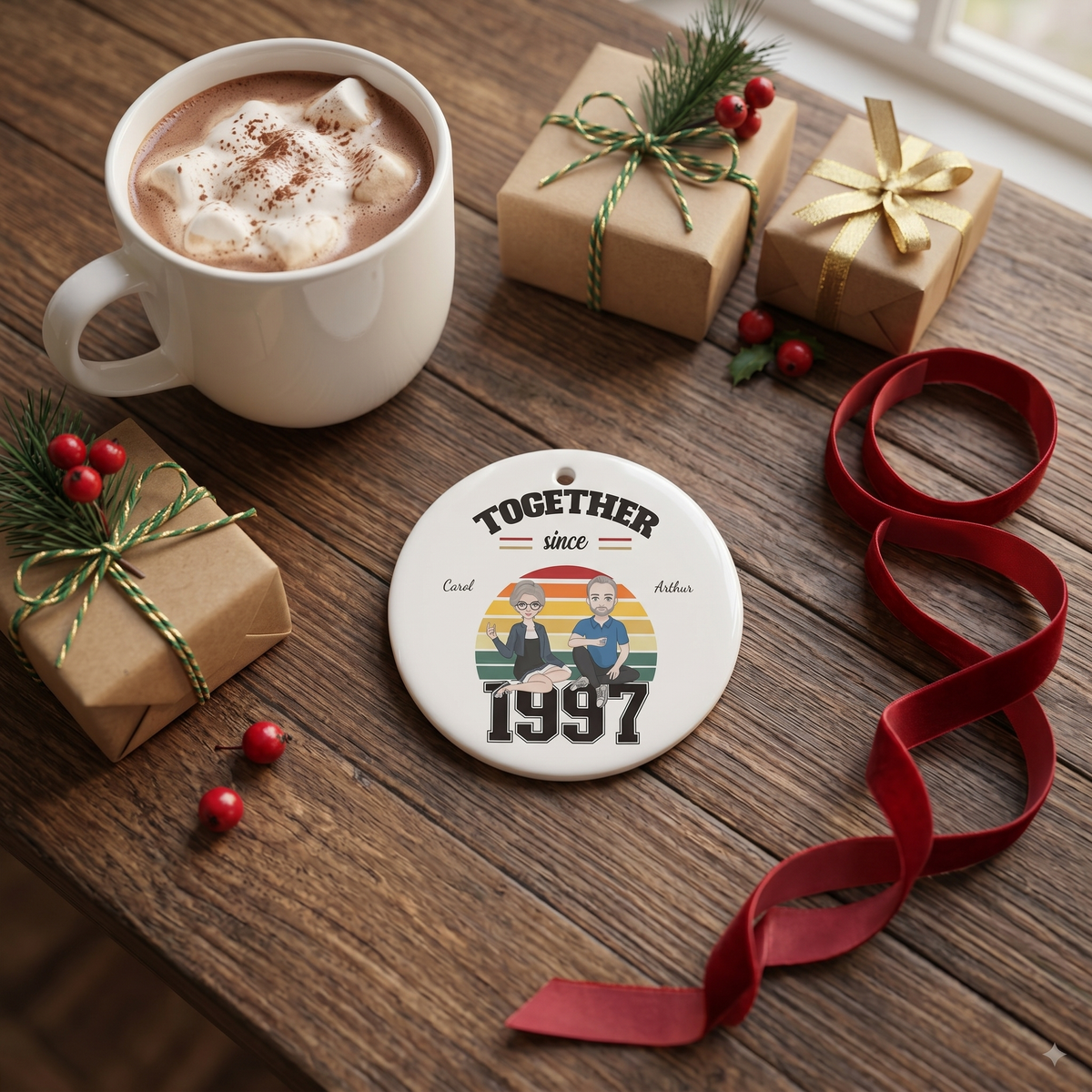 Personalized Together Since ceramic Christmas ornament on a rustic wood table with cocoa