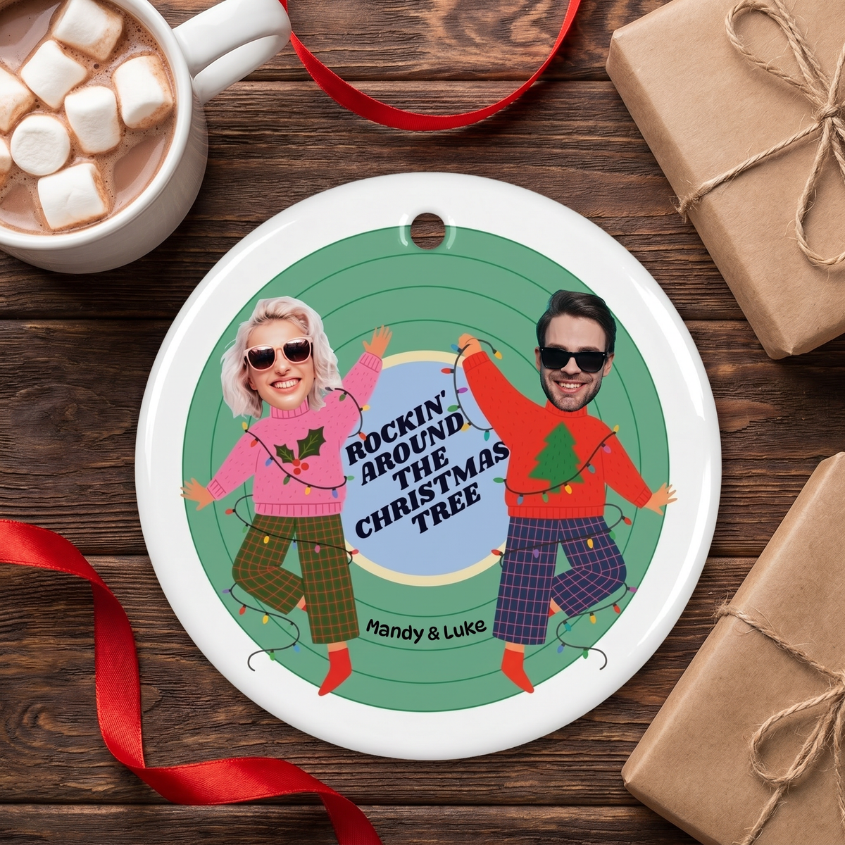 Personalized photo ceramic Christmas ornament on a rustic wood table with cocoa