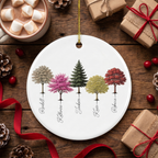 Custom My Forest personalized family tree ceramic Christmas ornament on a rustic dark wood table with cocoa and wrapped gifts