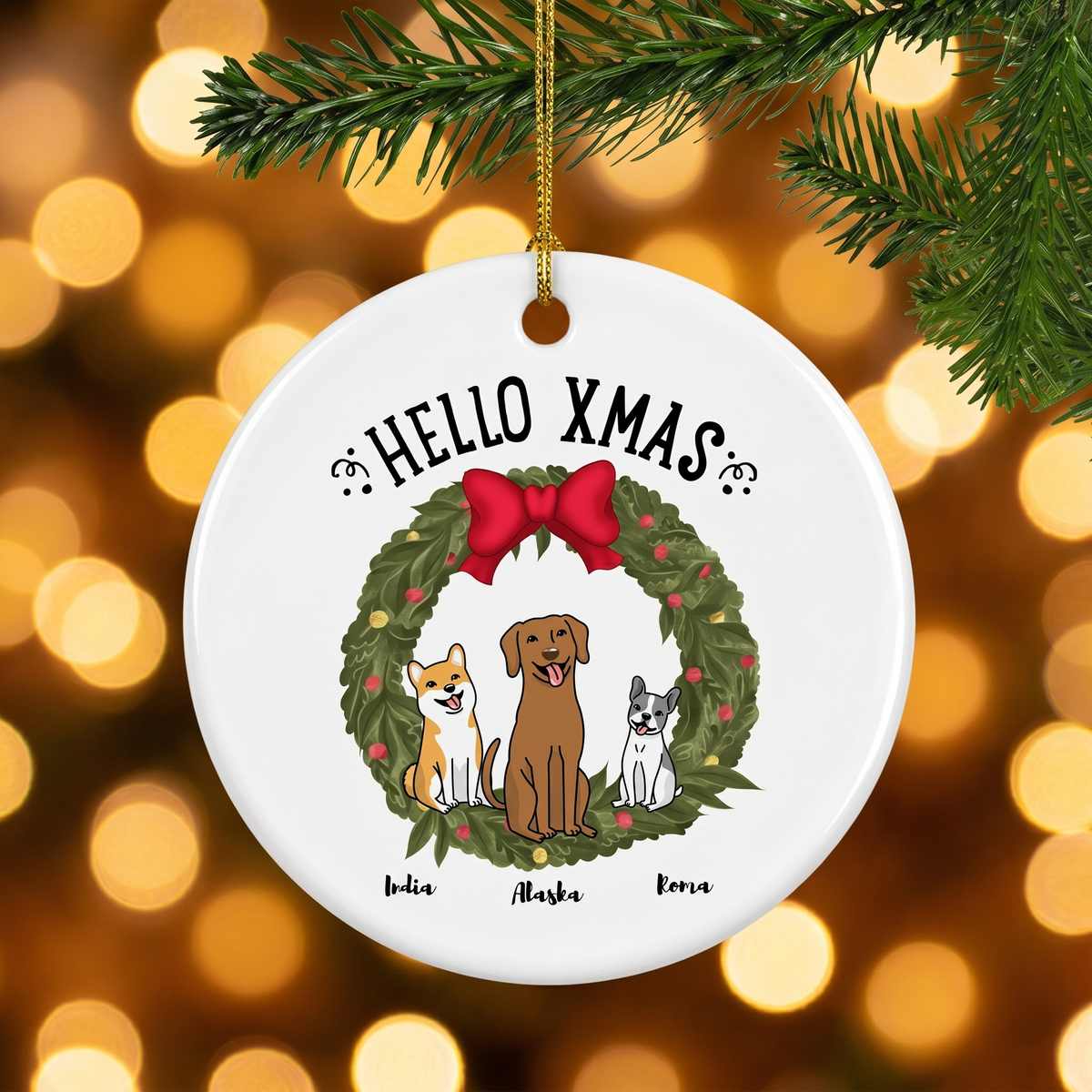 Custom dog Christmas ceramic ornament hanging on a pine branch with golden Christmas lights