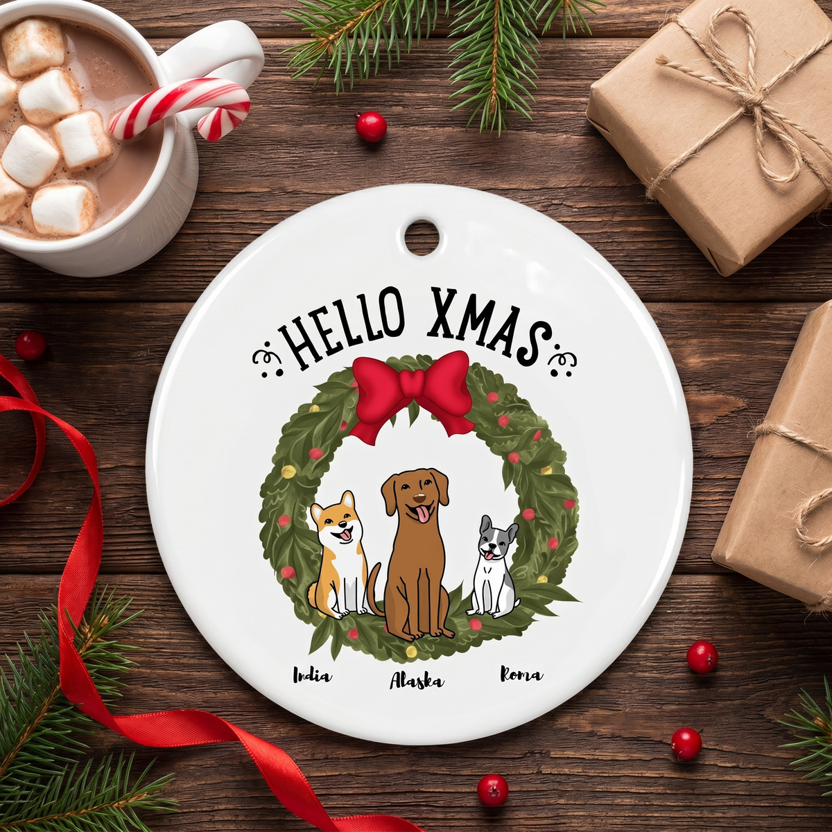 Custom dog ceramic Christmas ornament on a rustic wood table with cocoa