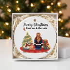 Cat lover ceramic Christmas ornament in an open white gift box with shredded paper