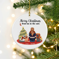 Me and the cats personalized cat lover ceramic Christmas ornament hanging on a pine branch with holiday lights