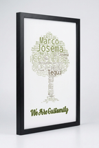 Black framed personalized family name word cloud art print shown at an angle to show frame depth