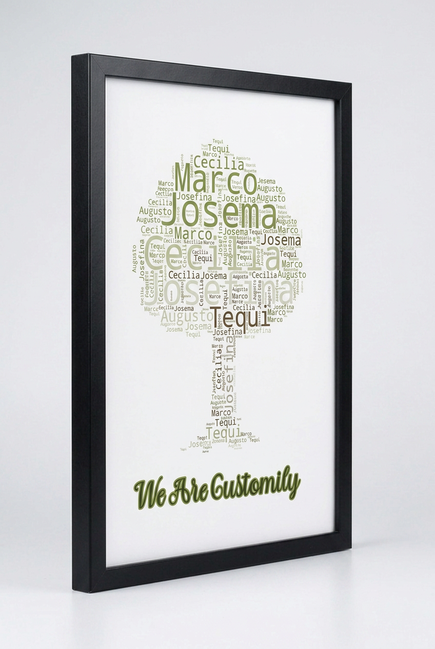 Black framed personalized family name word cloud art print shown at an angle to show frame depth