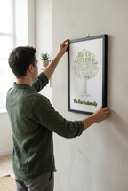 Person hanging the personalized family name word cloud framed poster on a wall