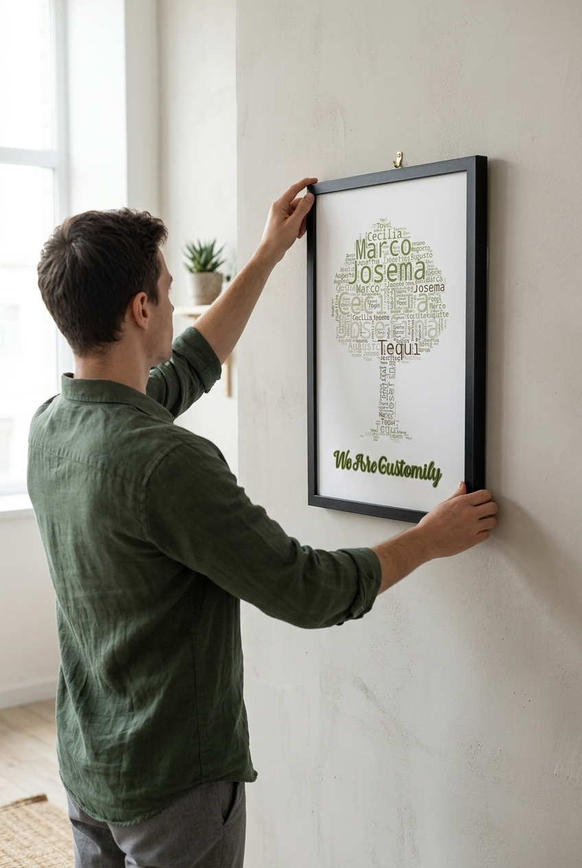 Person hanging the personalized family name word cloud framed poster on a wall