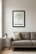 Personalized family name word cloud framed poster in a black frame hanging above a living room sofa