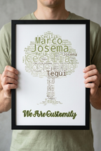 Person holding a personalized family name word cloud framed poster
