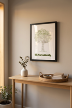 Custom word cloud family name framed print displayed on an entryway console wall