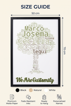 Size guide for the personalized family name word cloud framed poster, 50 x 70 cm, Black Natural White frame options