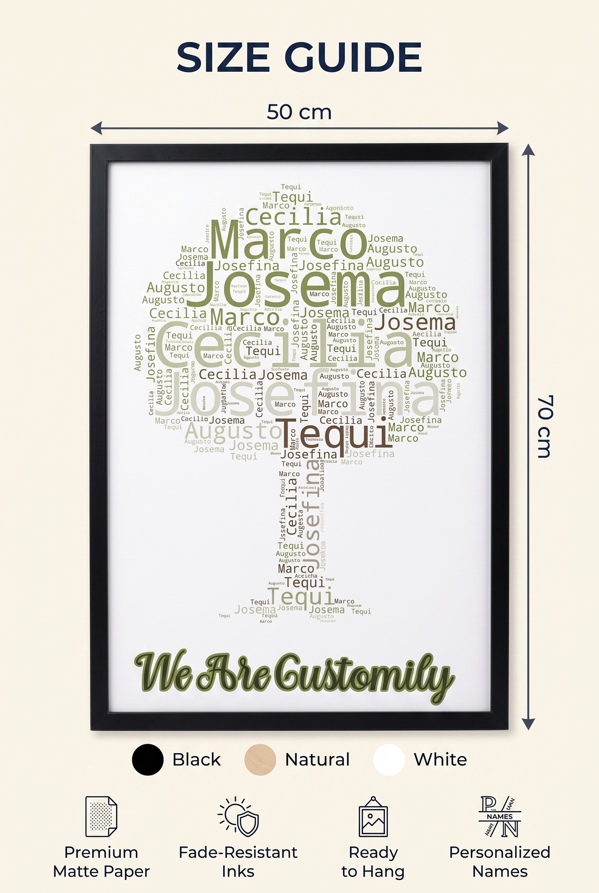 Size guide for the personalized family name word cloud framed poster, 50 x 70 cm, Black Natural White frame options