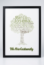 Custom family name word cloud framed poster in black frame, studio shot
