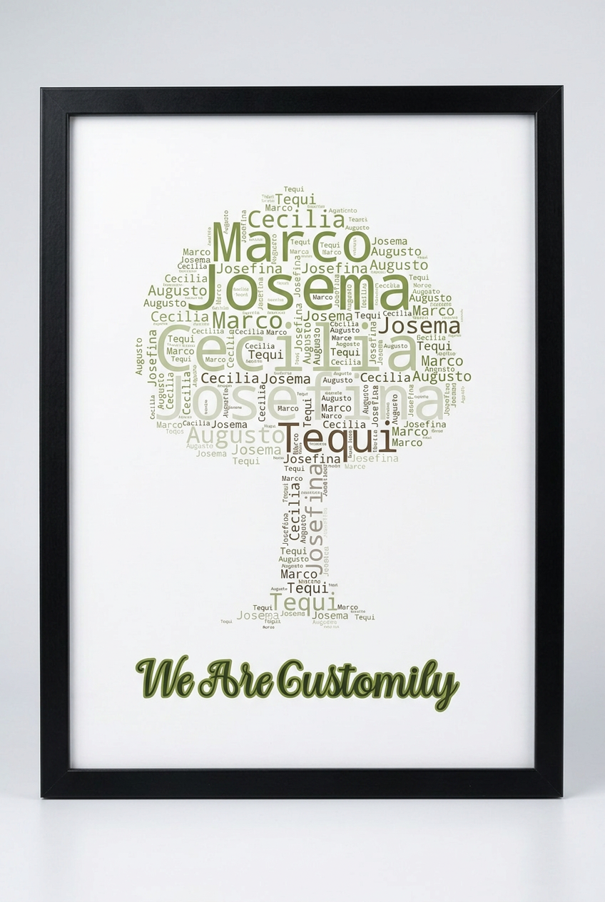 Custom family name word cloud framed poster in black frame, studio shot