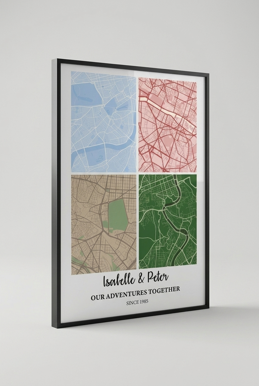 Black framed custom map poster shown at an angle to show frame depth