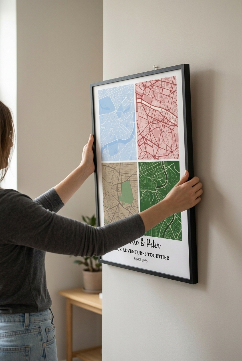 Person hanging a custom map wooden framed poster on a wall