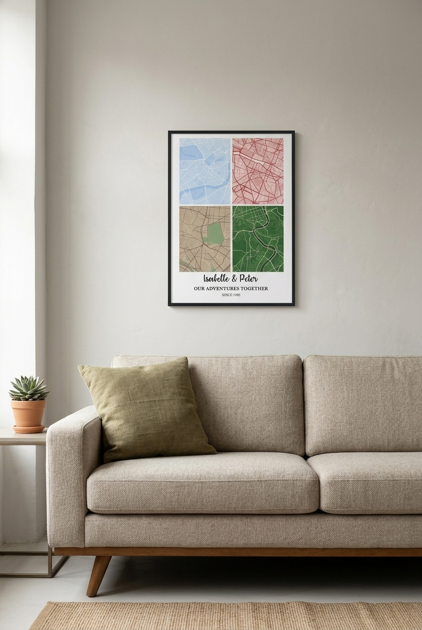 Custom map wooden framed poster in a black frame hanging above a living room sofa