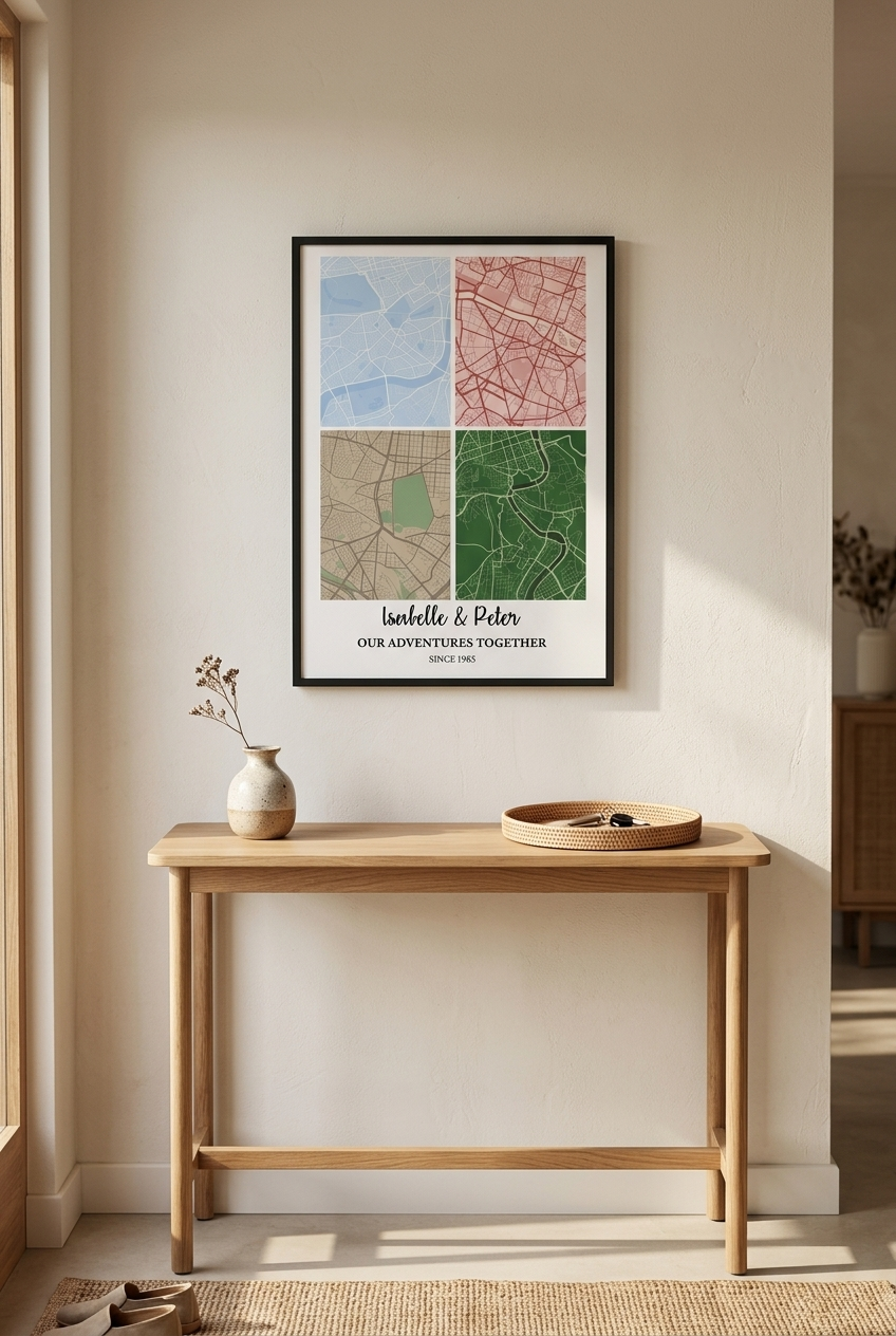 Custom map framed poster displayed on an entryway console wall