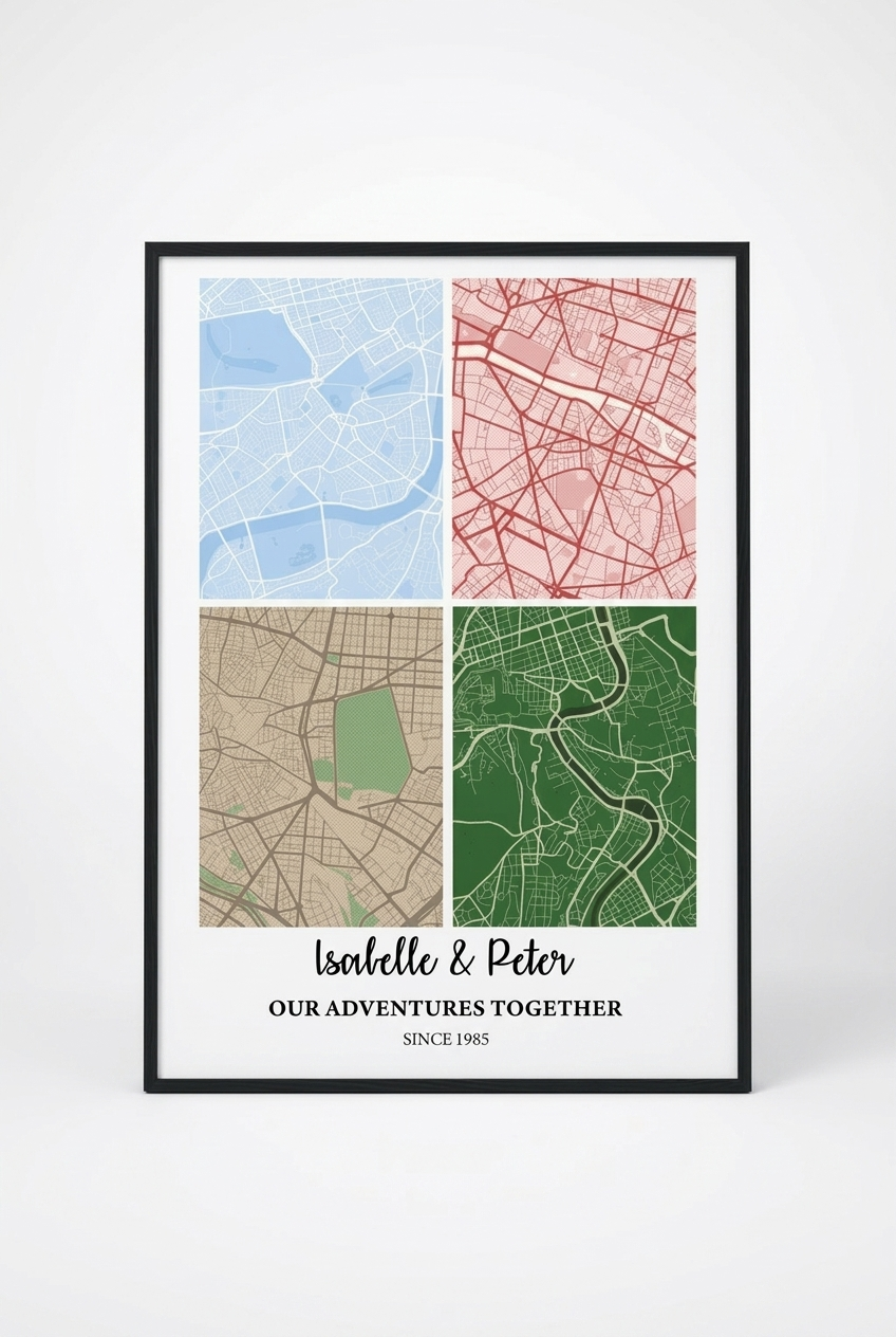 Custom map wooden framed poster in black frame, studio shot