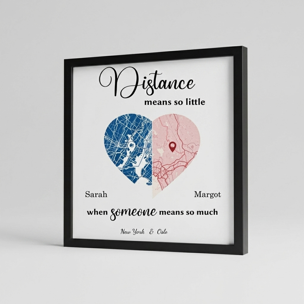 Black framed custom street map poster shown at an angle to show frame depth