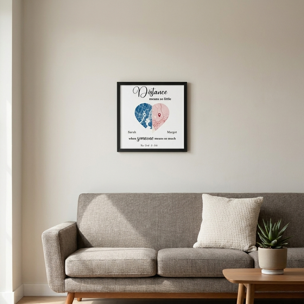 Custom street map framed poster in a black frame hanging above a living room sofa