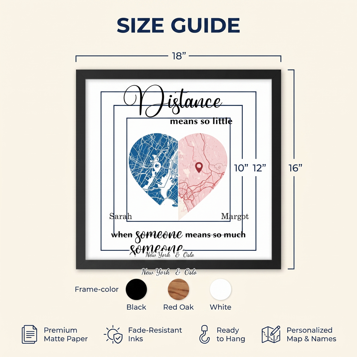 Size guide for the custom street map framed poster, square 10 to 18 inch, Black Red Oak White frame options