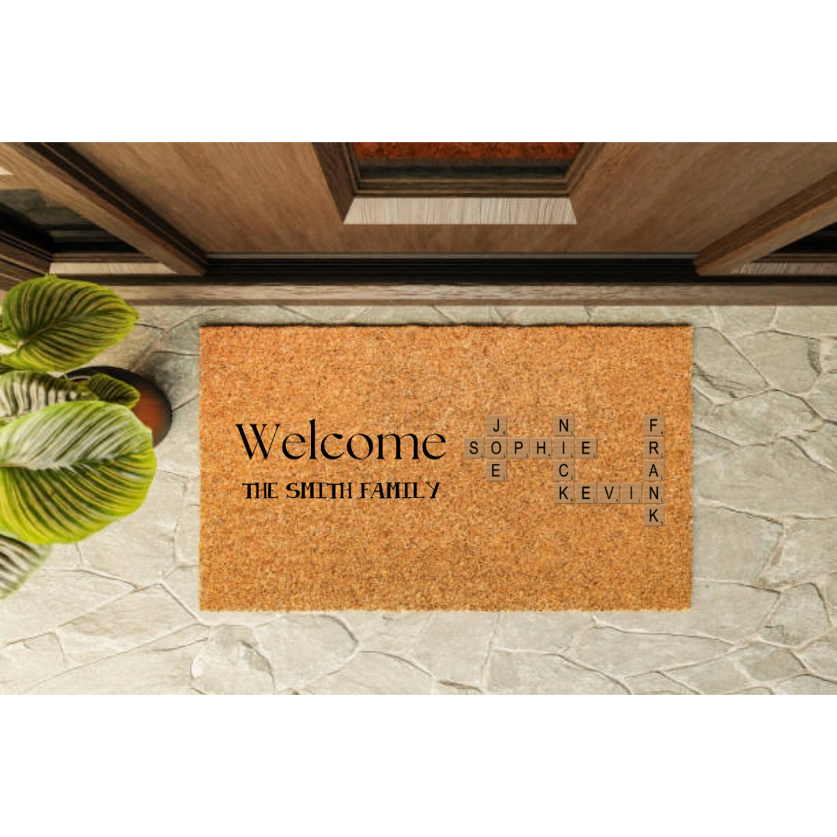 Personalized crossword doormat with Welcome Family design for housewarming entryway gift