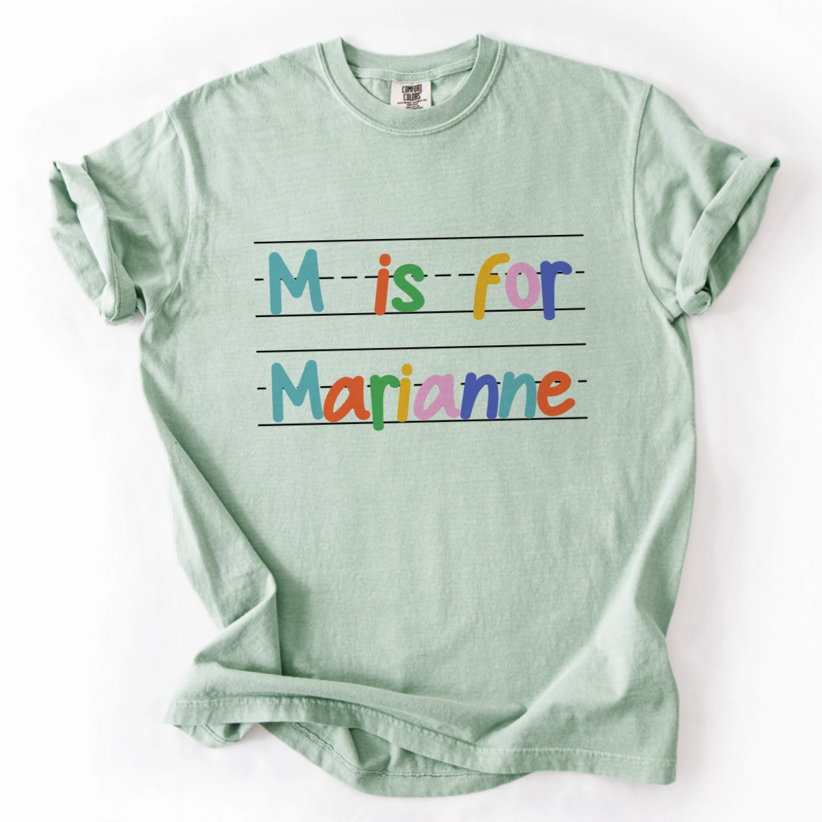 Personalized t-shirt with alternating color text design for unique custom apparel