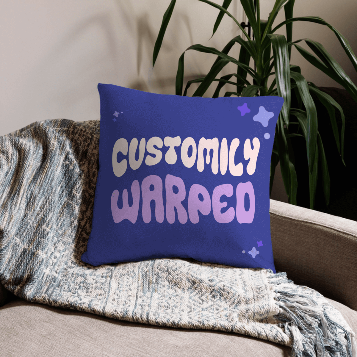 Personalized all-over print pillow with warped text design for unique home decor styling