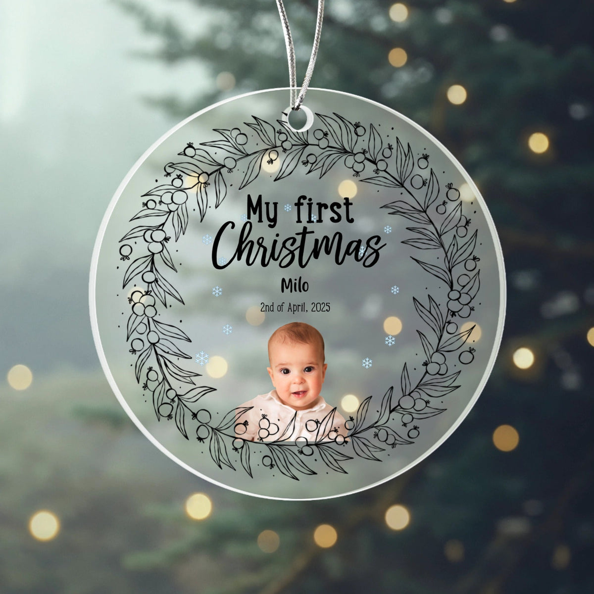 Personalized My First Christmas circle acrylic ornament for baby's first holiday milestone