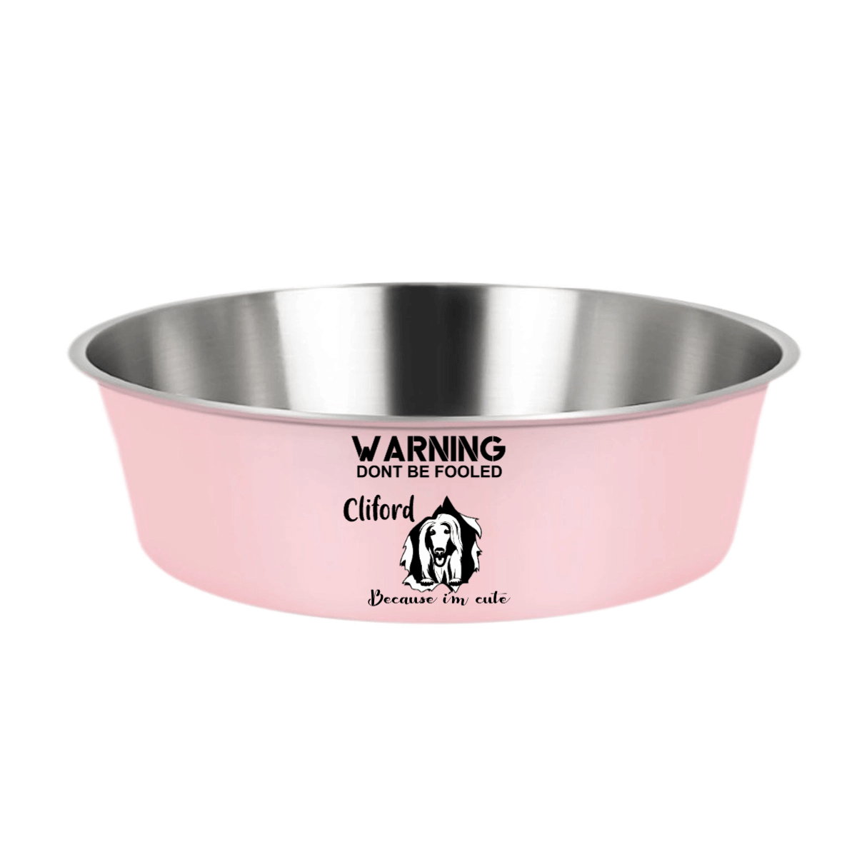 Personalized stainless steel pet bowl with custom Warning Don't Be Fooled design for pets
