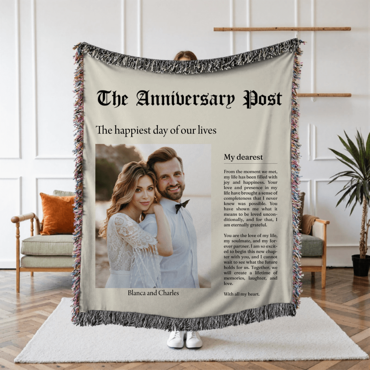 Personalized woven blanket with fringe and Anniversary Post design for romantic couples gift