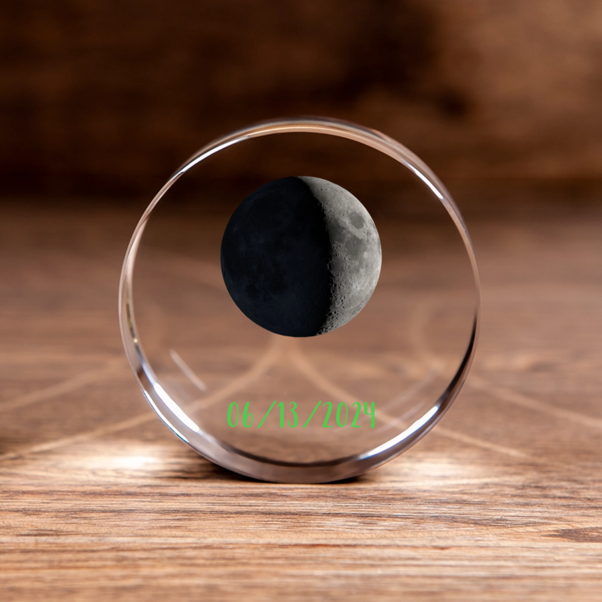 Personalized round crystal puck with moon phases design for anniversary or special date