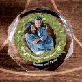 Personalized faceted crystal puck with photo wreath for modern Christmas keepsake decor