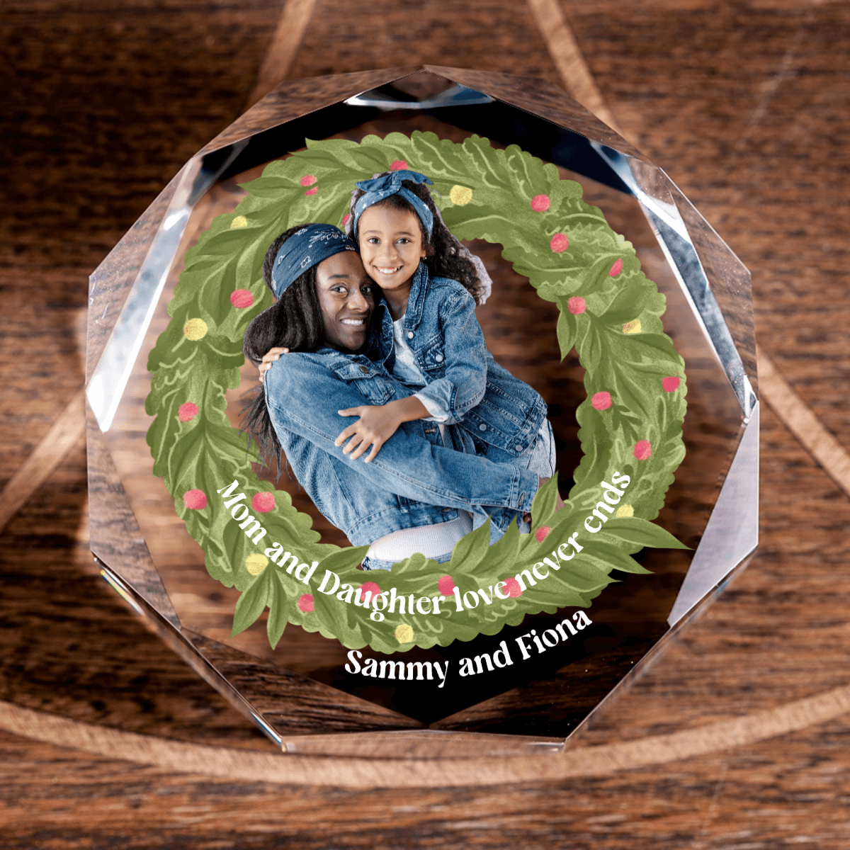 Personalized faceted crystal puck with photo wreath for modern Christmas keepsake decor