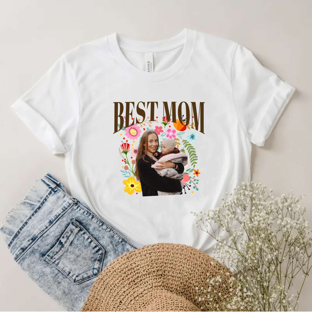 Personalized photo t-shirt with warped text design for custom apparel everyday wear
